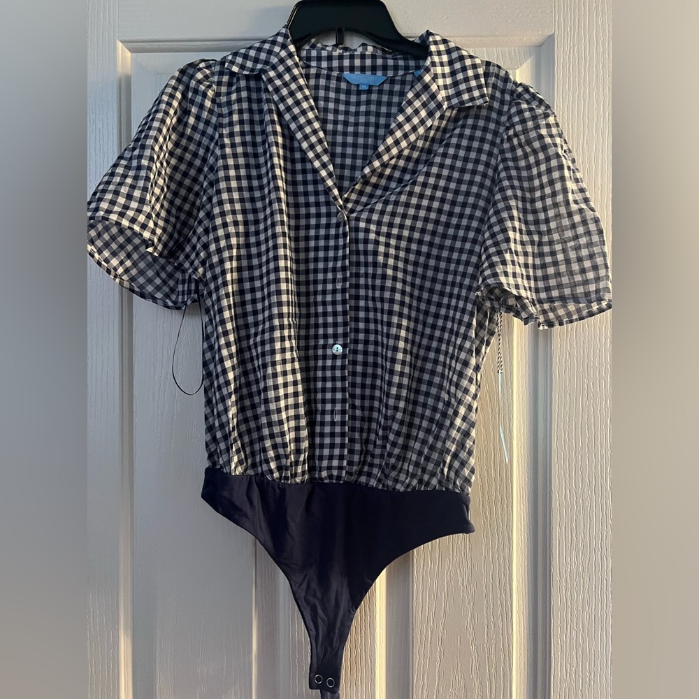 Womens Draper James navy white gingham body suit blouse